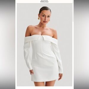 NEW WITH TAGS: Meshki Hugo Suiting Off Shoulder Mini Dress- Ivory, Size XL